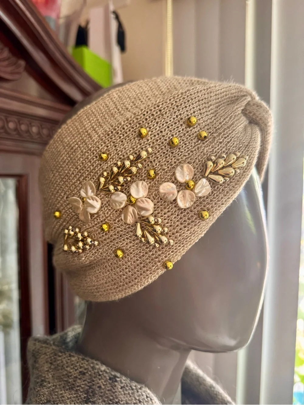Anthropologie Beaded Knit Turban Headband Ear Warmer - Beige & Gold Boho